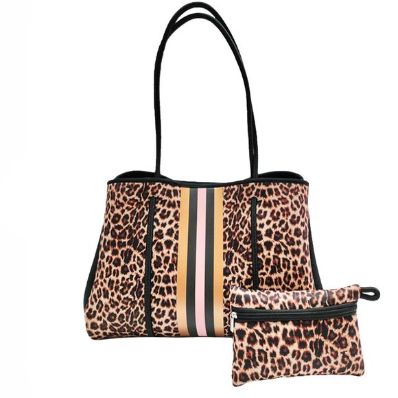 oDiva Handbags - Leopard Print Tote Bag with Stripe Handbag Detachable Matching Pouch